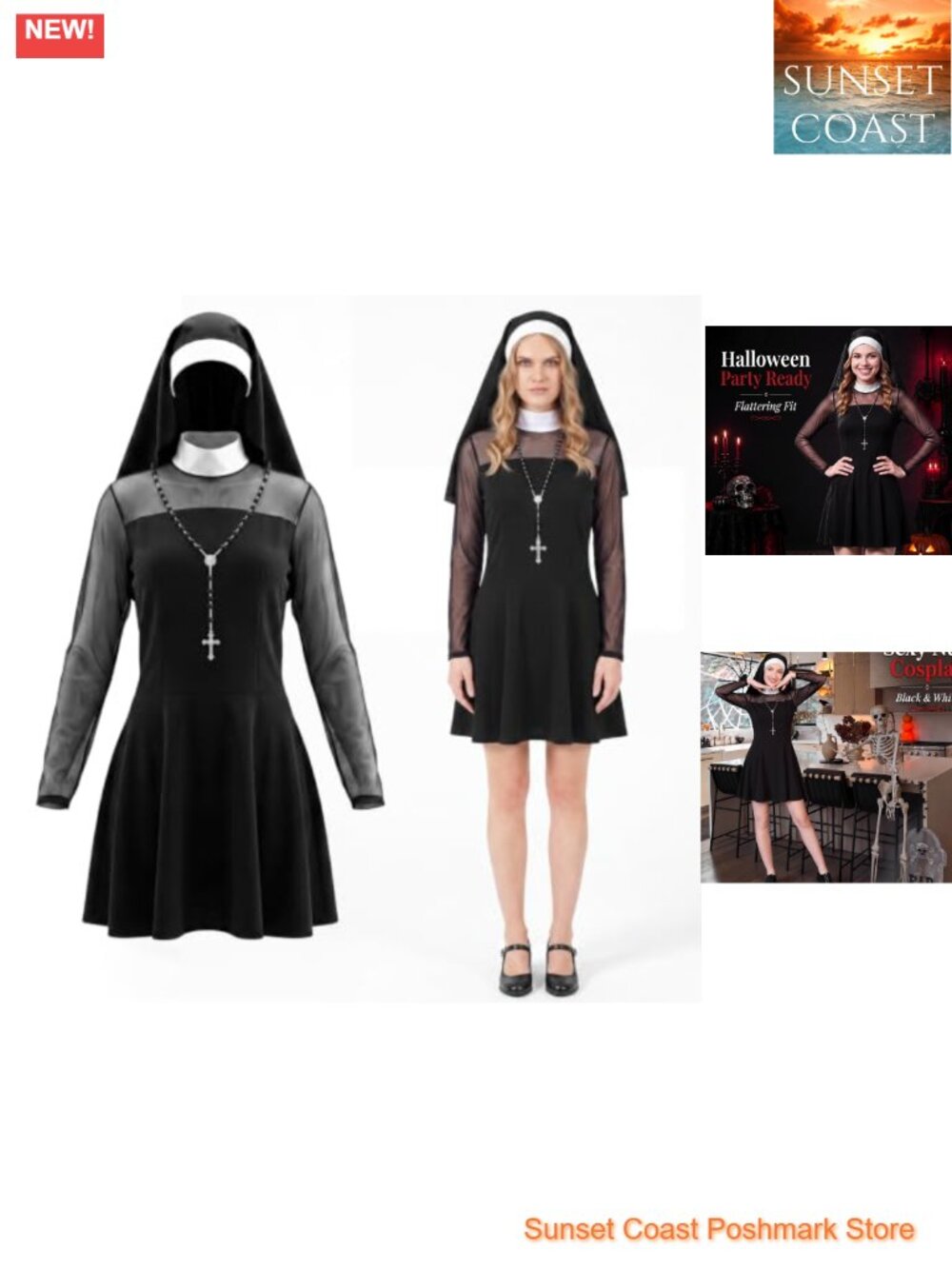 Sexy Sister Nun Costume 3 Piece Mini Dress Veil Cross Pendant